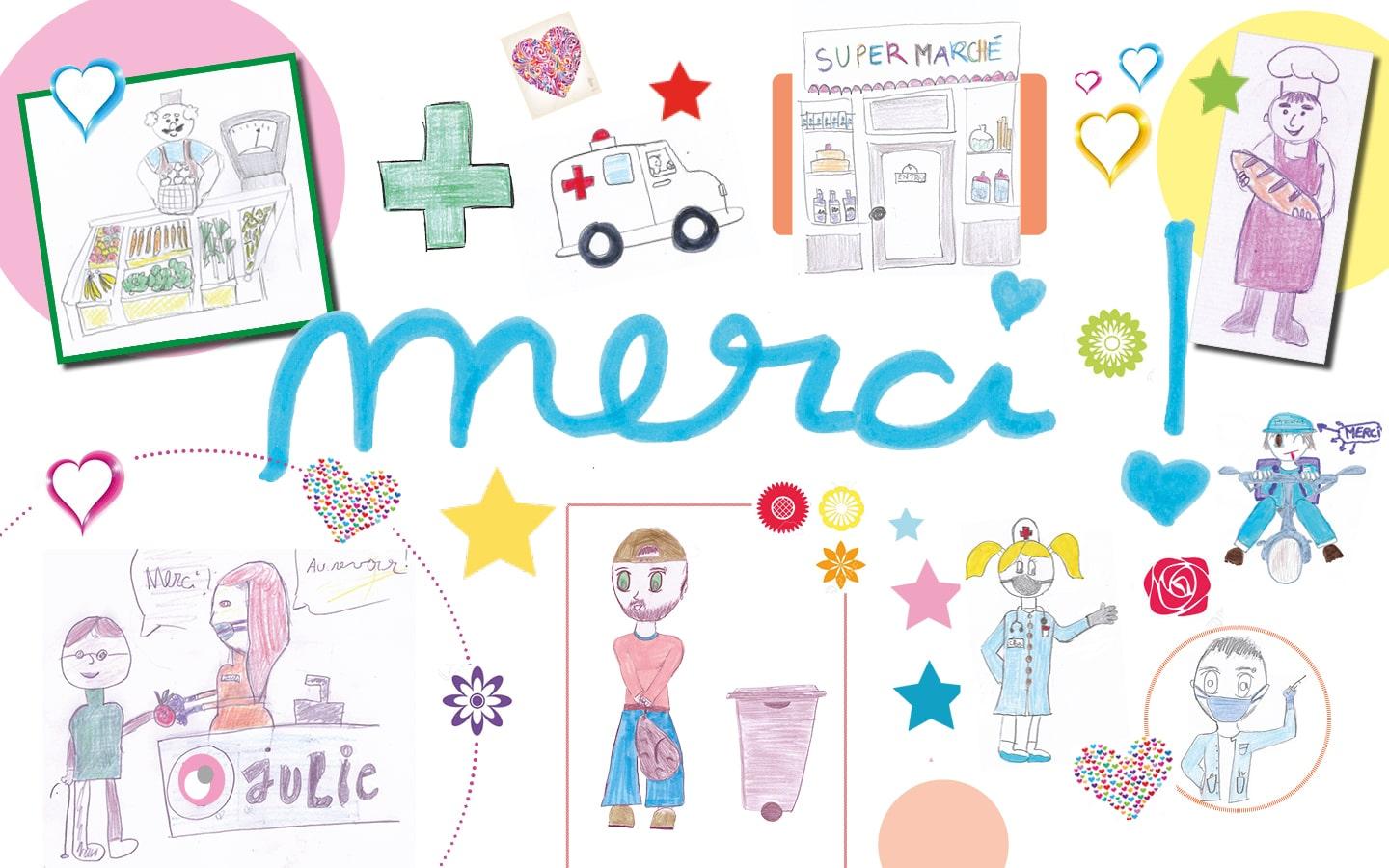 Dessin enfant remerciements aux travailleurs pendant le confinement